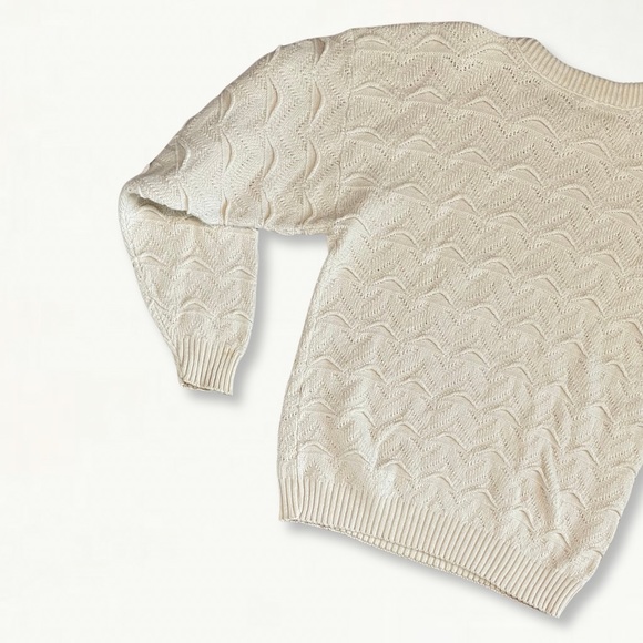 Vintage 80s 90s Checkpoint 3D Textured Chunky Knit Crewneck Sweater Cream - Picture 6 of 12